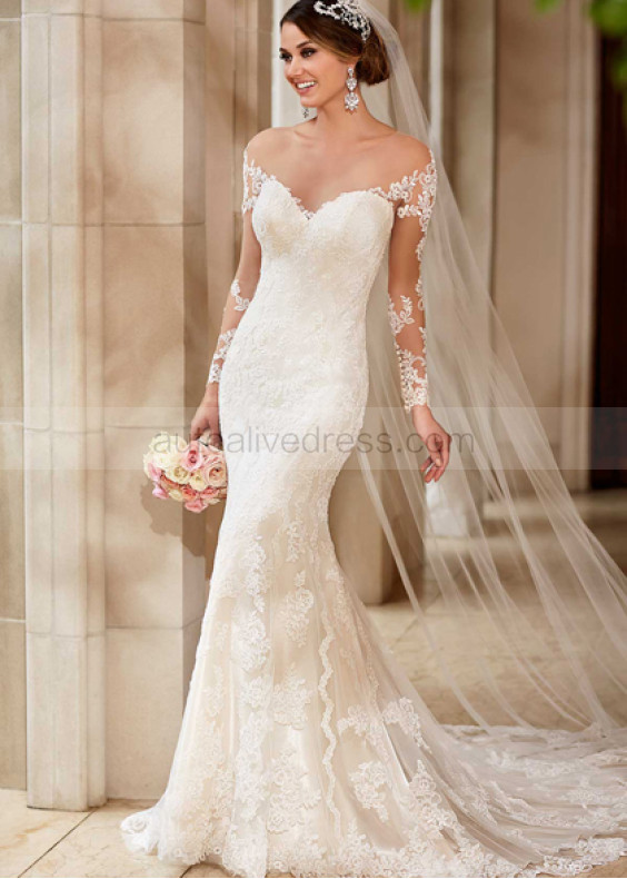 Sheer Neckline Ivory Lace Tulle Long Sleeves Buttons Back Wedding Dress